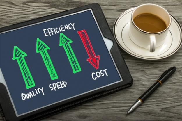 Tablet with arrows showing quality, speed, efficiency and cost Tablet with arrows showing quality, speed, efficiency and cost